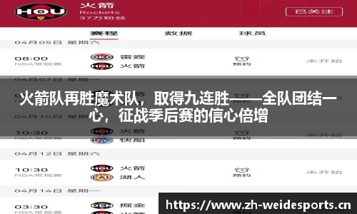 火箭队再胜魔术队，取得九连胜——全队团结一心，征战季后赛的信心倍增
